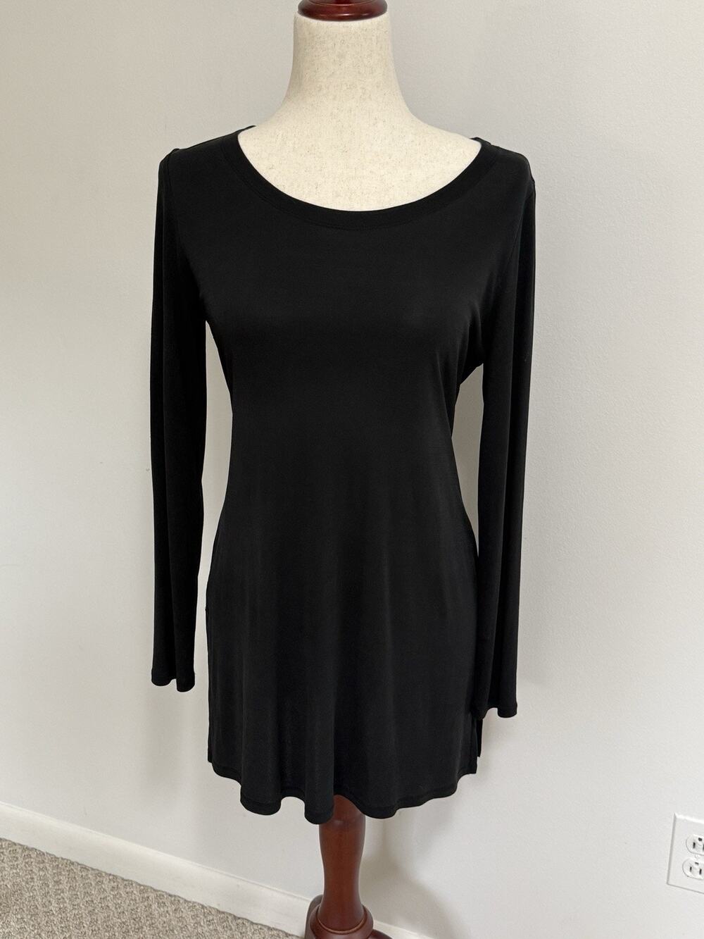 EUC Eileen Fisher Shirt XS Black 100% Silk Georgette Crepe Tunic Long Sleeve
